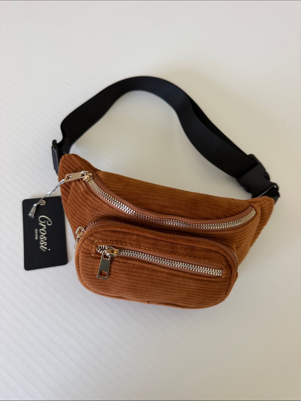 Crossbody Corduroy Waist Bag in Brown by Grossi